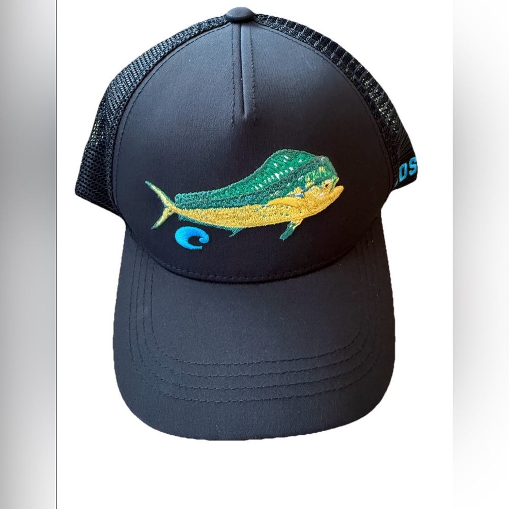 Costa Del Mar Hat Cap Snap Back Black Dorado Mahi Mahi Embroidered Logo Trucker